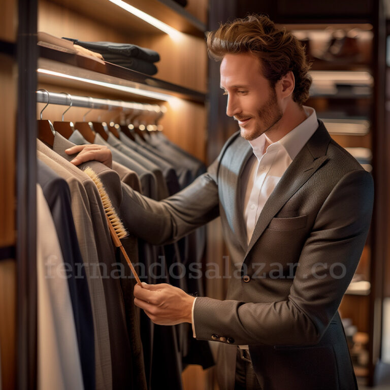 Un hombre cepillando su traje en un vestidor elegante, simbolizando el cuidado y mantenimiento de prendas finas.