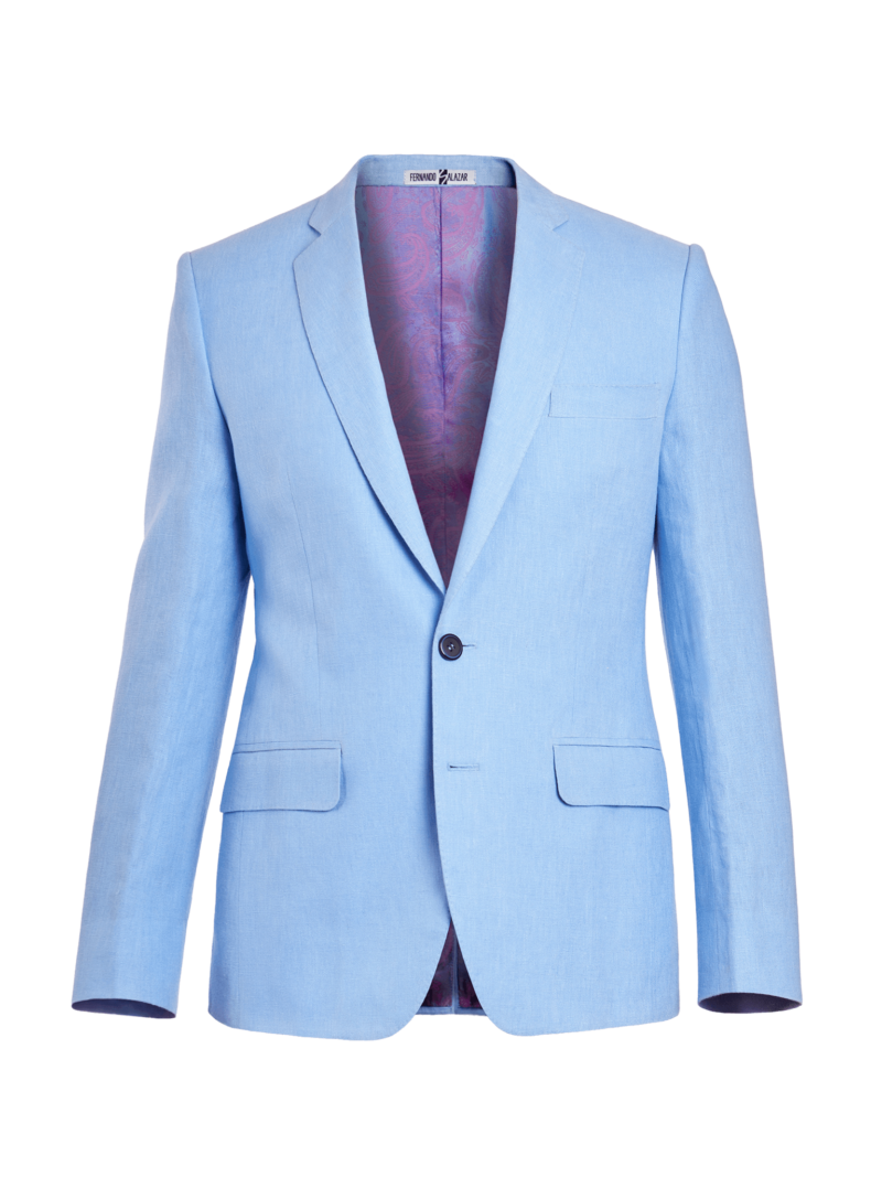 Vista frontal de la chaqueta de lino azul índigo claro de Fernando Salazar, confeccionada a medida con terminados a mano.