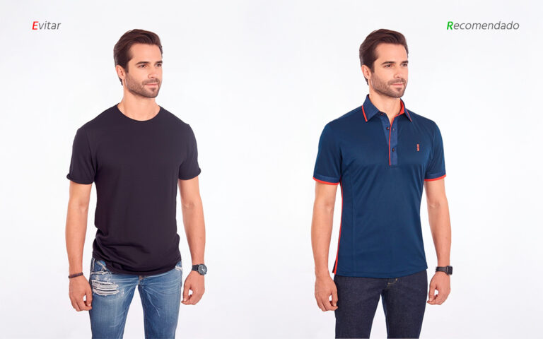 Comparación visual entre un look casual no recomendado y un estilo profesional con una p-shirt azul marino, resaltando el equilibrio entre comodidad y elegancia.