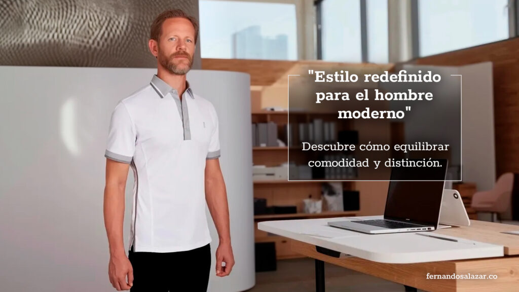 Hombre moderno vistiendo una p-shirt blanca con detalles en gris en un entorno minimalista de oficina, representando el equilibrio entre comodidad y elegancia.