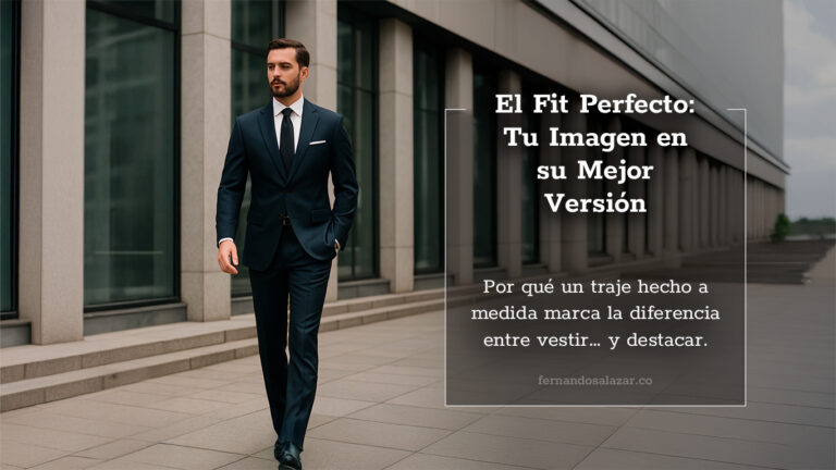 Hombre elegante caminando con traje a medida, representando el poder del fit perfecto en un entorno corporativo moderno.