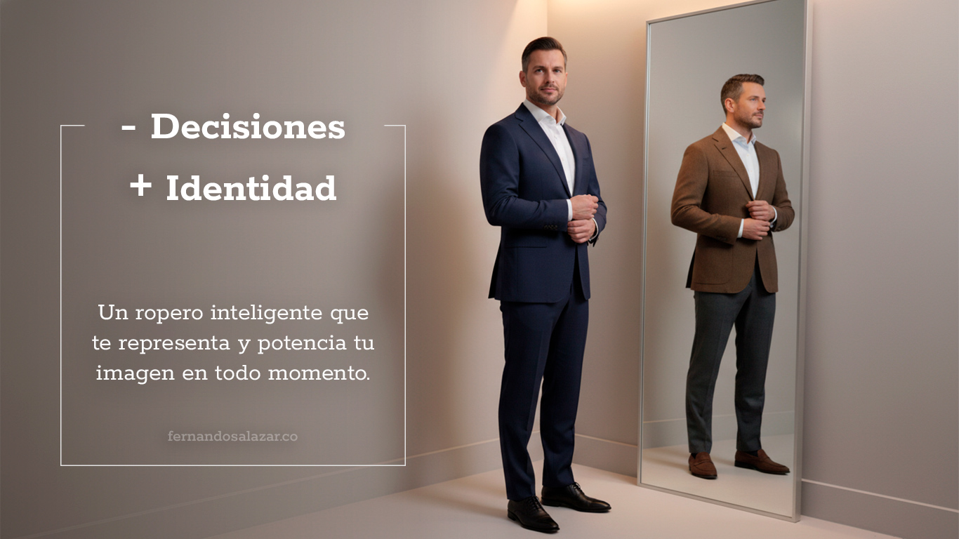 Ejecutivo elegante frente al espejo con dos looks distintos, traje azul y blazer marrón, representando un ropero inteligente que reduce decisiones y refuerza la identidad.