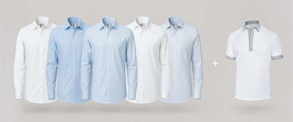Cinco camisas a medida en blanco, azul cielo y rayas finas junto a una P-Shirt blanca, representando las camisas base y la prenda smart casual del ropero balanceado ejecutivo.