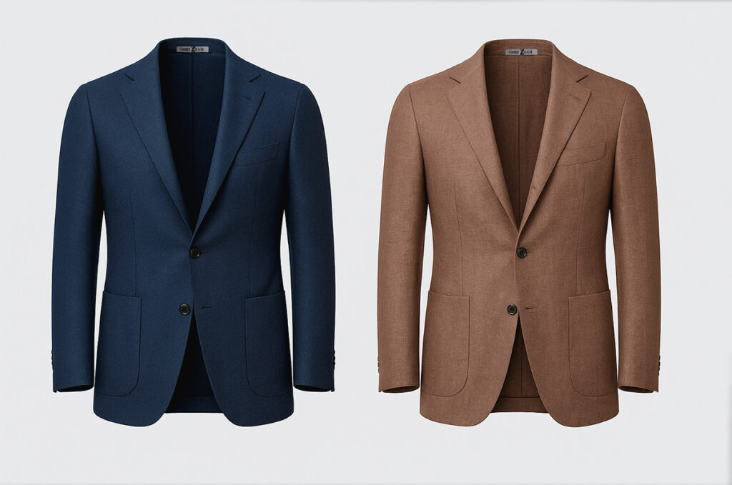 Dos chaquetas a medida, una azul tipo hopsack y otra marrón tabaco, que representan las chaquetas base del ropero balanceado para ejecutivos.