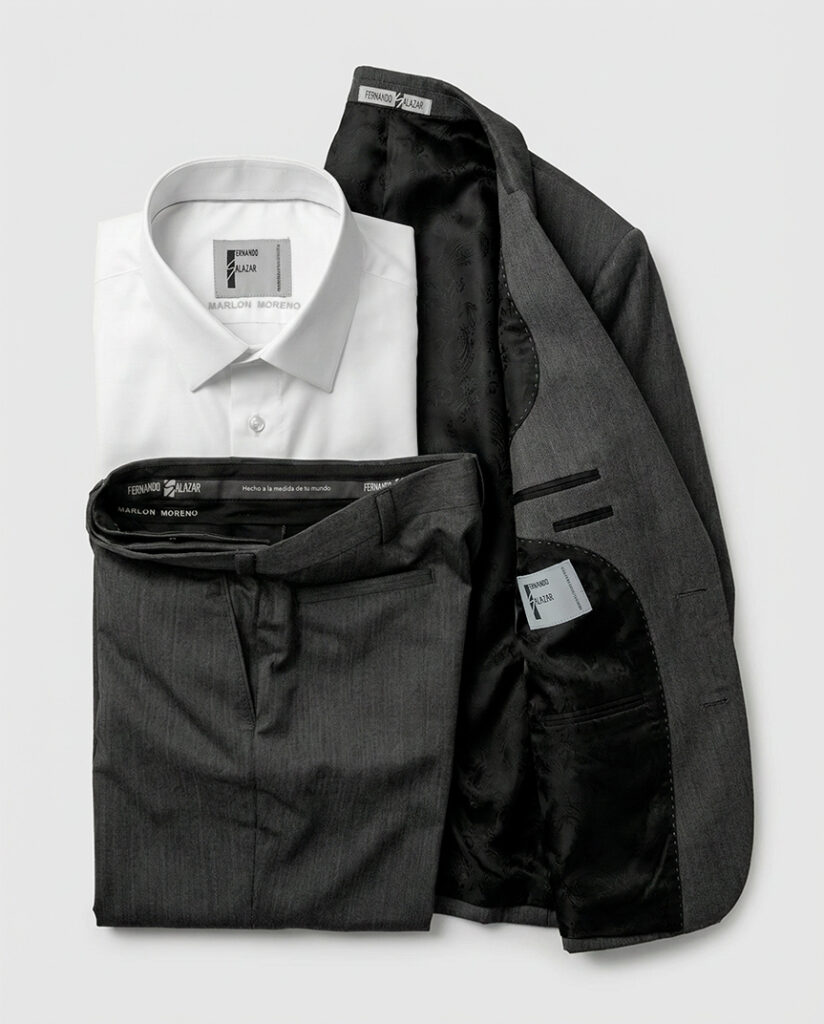 Bodegón de traje a medida Fernando Salazar con camisa blanca, pantalón y saco gris grafito, mostrando el interior de la chaqueta con etiquetas y nombre del cliente bordado.