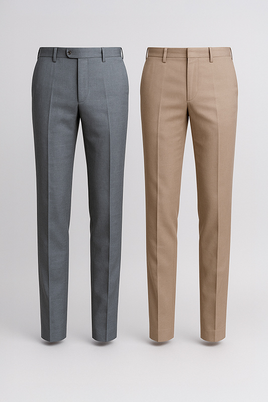 Dos pantalones a medida, uno gris medio y otro taupe, que representan los pantalones base del ropero balanceado para ejecutivos.