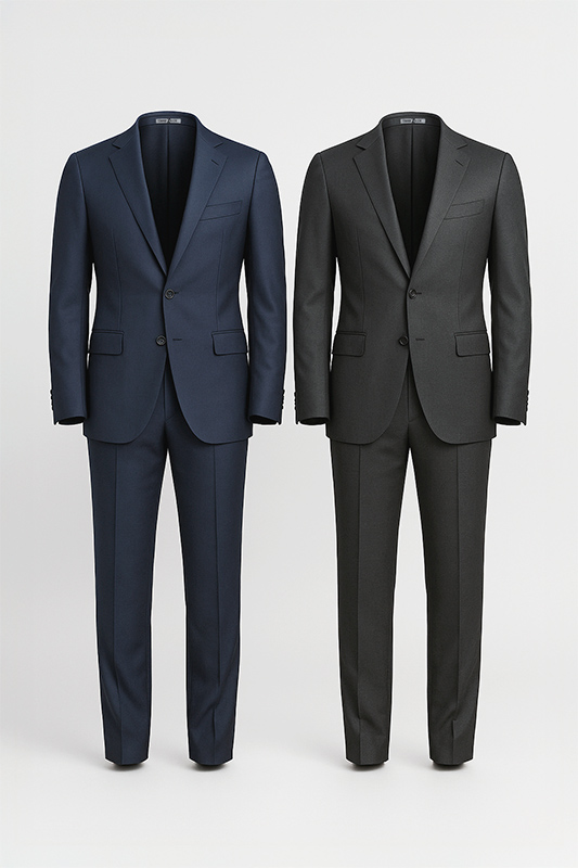 Dos trajes a medida, uno azul marino y otro gris antracita, representando los trajes base del ropero balanceado para ejecutivos.