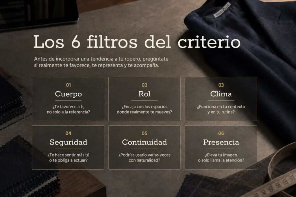 Pieza editorial con seis filtros para evaluar si una tendencia favorece, representa y acompaña el estilo personal, por Fernando Salazar.
